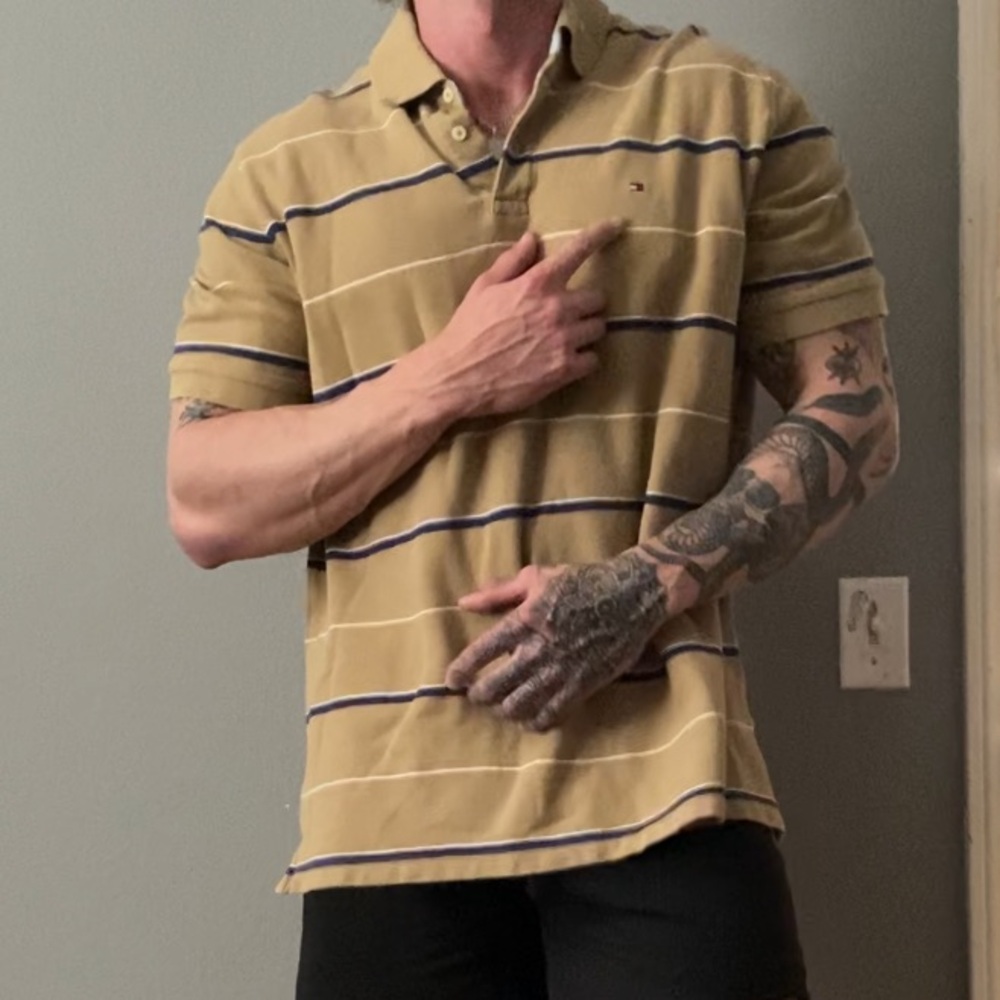 Tan striped Tommy Hilfiger short sleeve tee punk button up top hipster y2k shirt